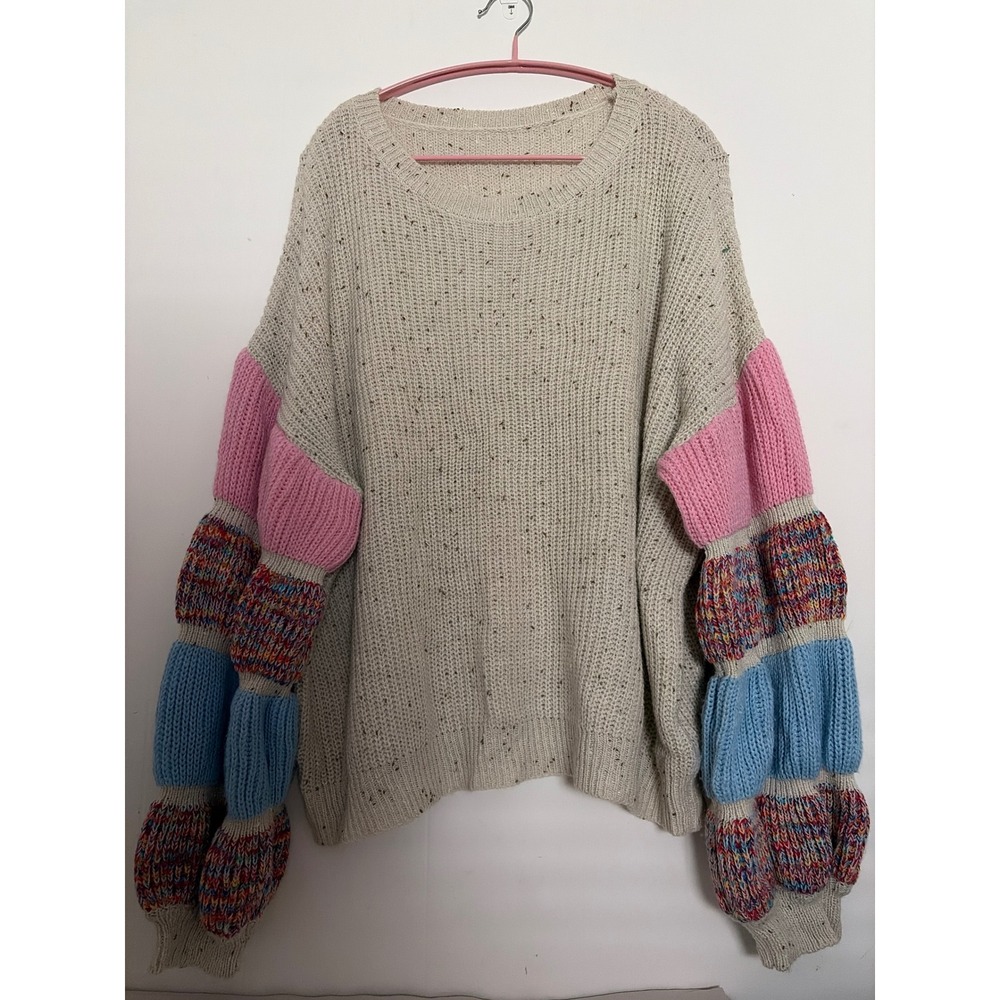 SHEIN Curve Sweater Womens 3XL Beige Excellent Colorblock Balloon Sleeve Knit